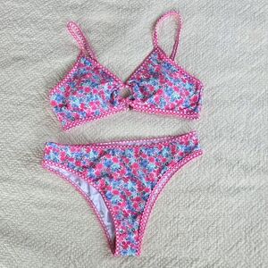 Pink Floral Ring-Front Bikini Set with Checked Trim